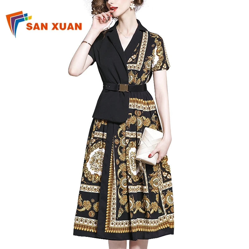 

Manufacturer wholesale vintage print ethnic style elegant POLO neck short sleeve lace-up patchwork women sexy black dress
