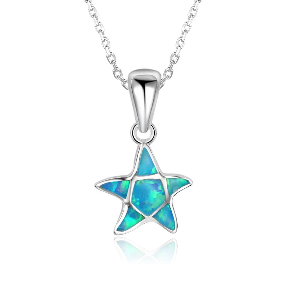 

Women Inspired Ocean Sea Blue Opal Starfish Star 925 sterling silver jewelry Charm pendant opal necklace For Girl JUNLU Gift