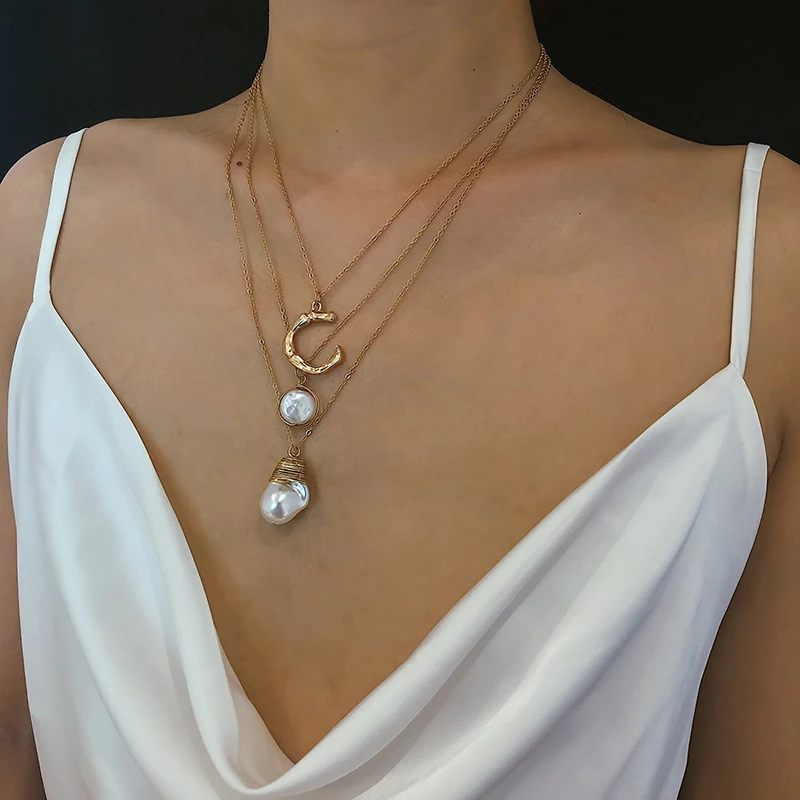 

Creative C letter Shape Irregular Pearl Pendant Necklace Simple Geometry Multilayer Choker Necklace (SK563), As picture