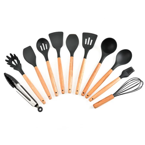 

Amazon Hot Sale kitchen accessories cooking tool 11- piece Wooden handle Silicone Kitchenware Set in stock, Photo