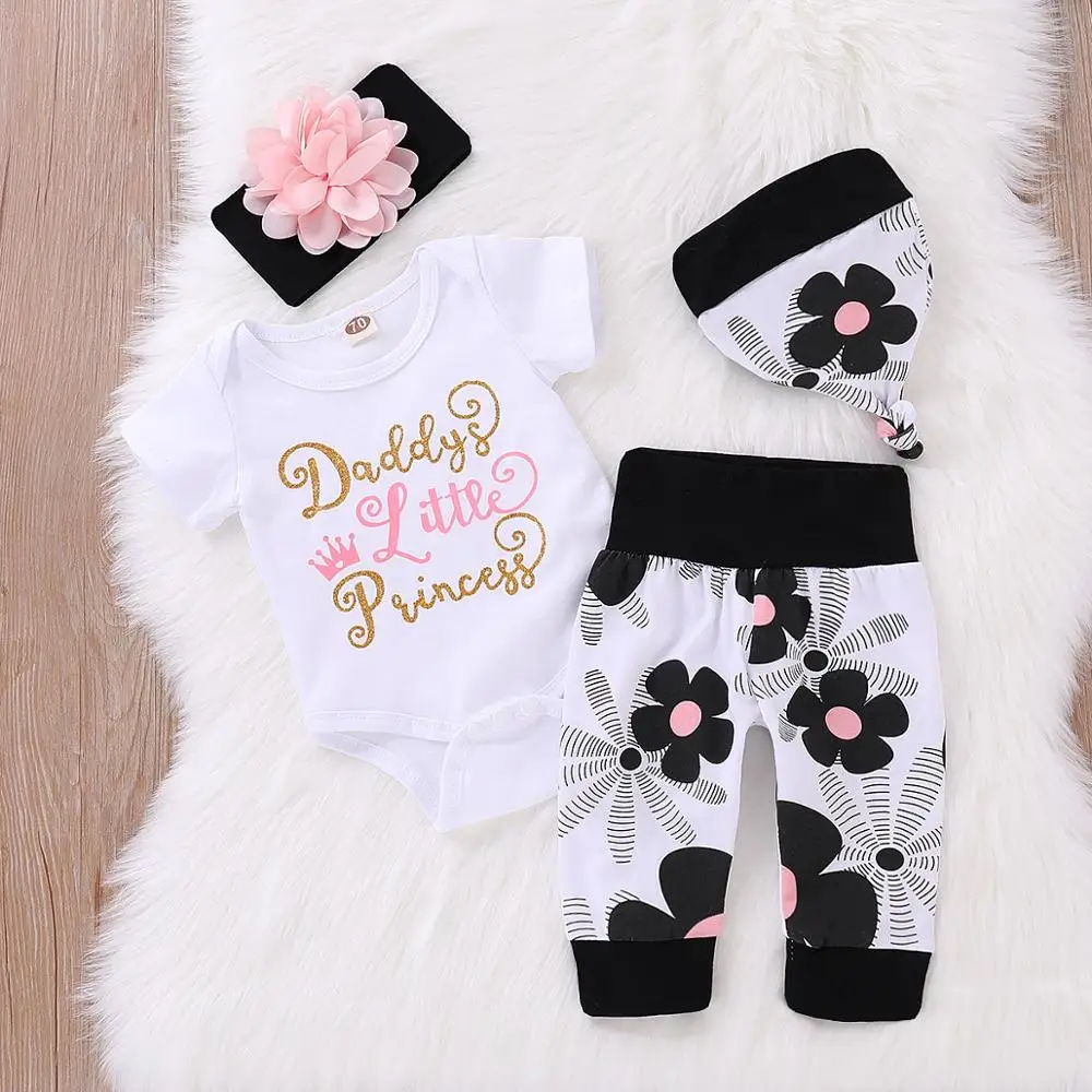 

lyc-4397 Infant Newborn Baby Girls Boys Summer letter print romper Clothes Sets Short Sleeve Bodysuits + Pants 4PCS Outfits sets, As pictures shows