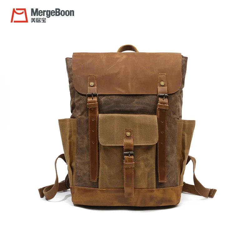 

In stock vintage genuine canvas leather laptop backpack men