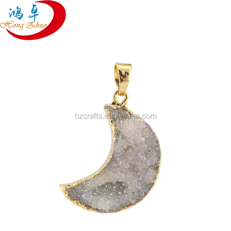

Wholesale Natural Drusy Druzy Crescent Moon Pendant Druzy Crystal Quartz Lune Pendant with Silver