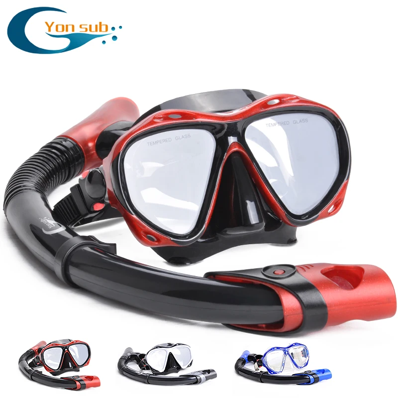 

YONSUB myopia tempered dive optical lens mask scuba diving mask snorkel set underwater anti fog and tube diving equipment, Black;red;blue