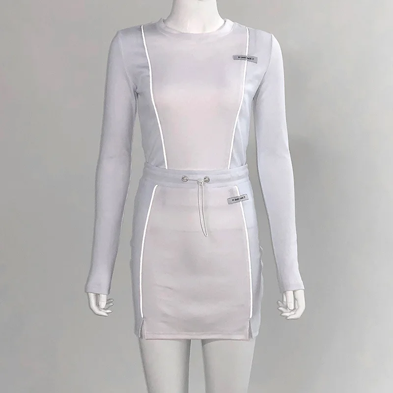 

women fashion Reflective Striped patchwork two pieces set 2019 white full sleeve crop top bottom skirts outfit tracksuit