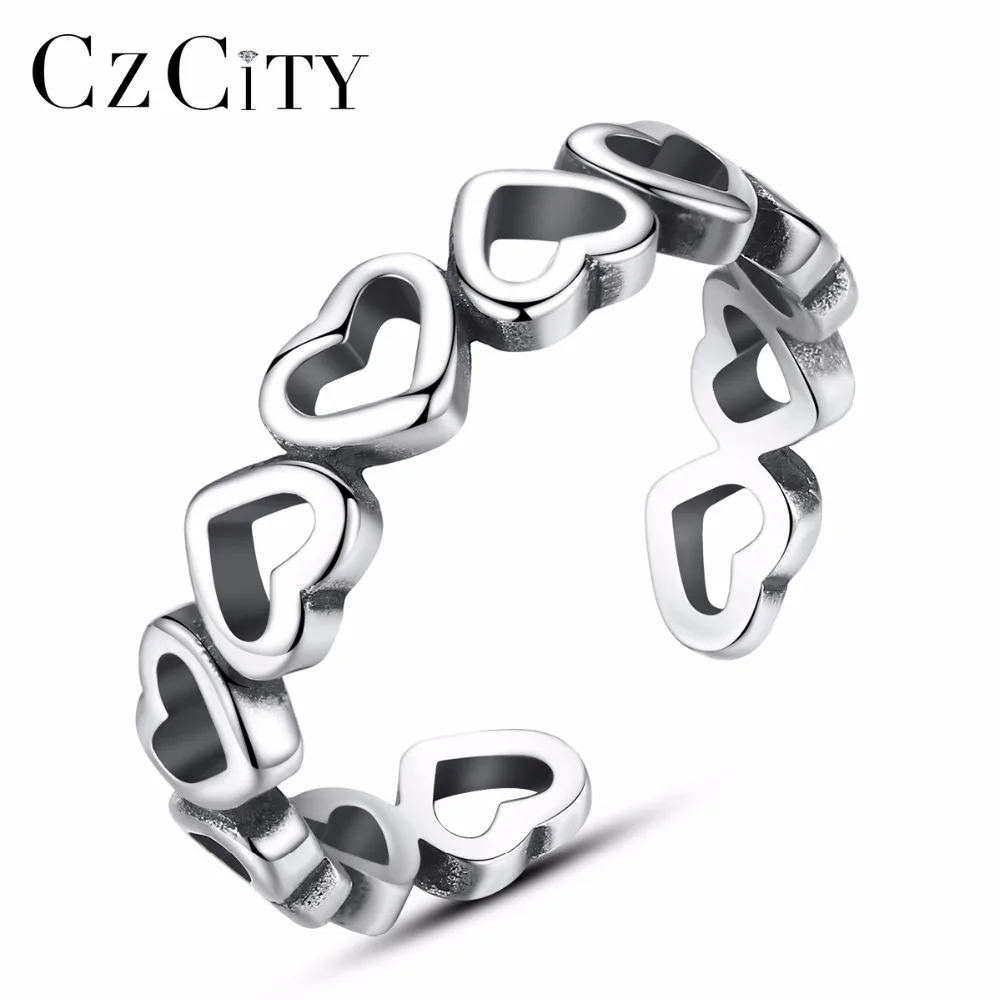 

CZCITY Luxury Authentic 925 Sterling Silver Hollow Heart Statement Women Vintage Silver Trendy Rings