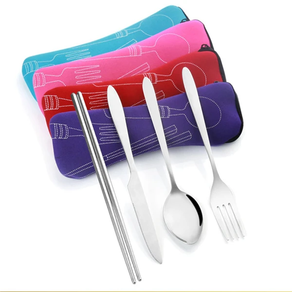 

Custom logo knives fork chopsticks spoon gift set portable stainless steel travel cutlery set