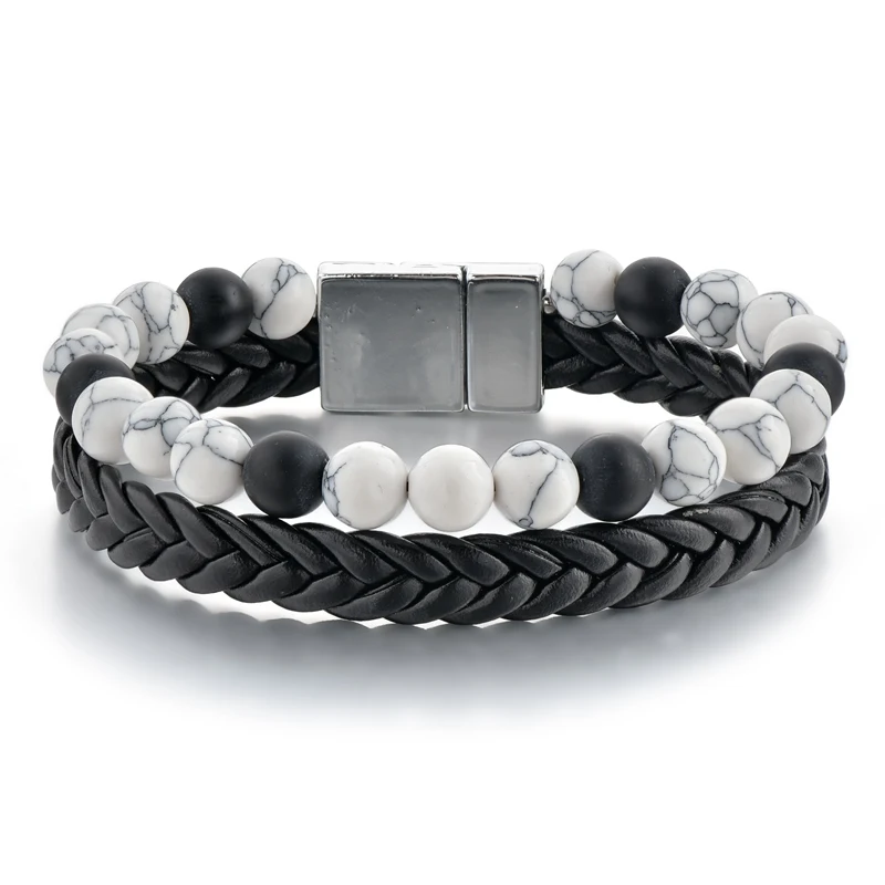 

Magnetic Buckle Natural Marble Stone Beads and Braid Leather Bracelet For Men