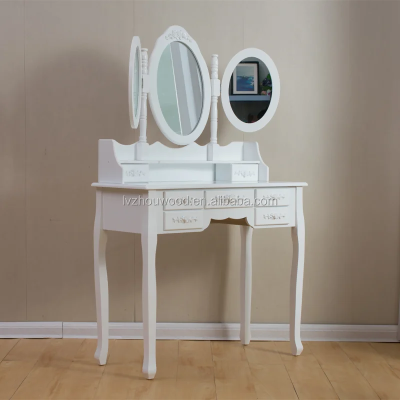 Wholesale Cheap White Bedroom Three Mirror Dresser With Chair