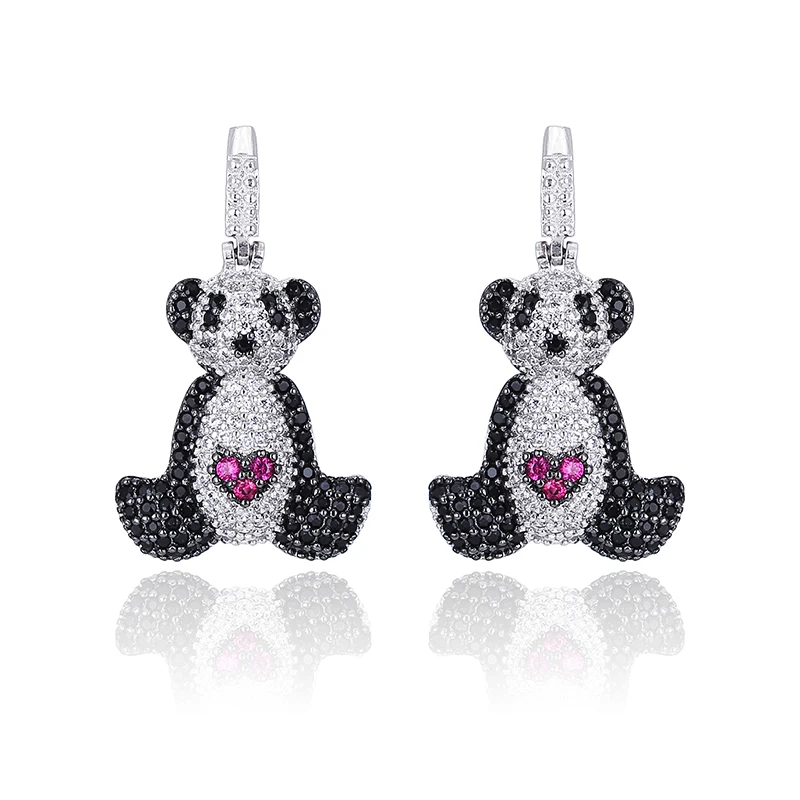 

Cute Girls AAA Zircon Animal Panda Drop Earrings For Women, Silver, black