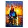 Colorful Impressionist Art Handmade Small Boat Under The Setting Sun Modern Warm Scenery Drawing Canvas Oil Wall Art