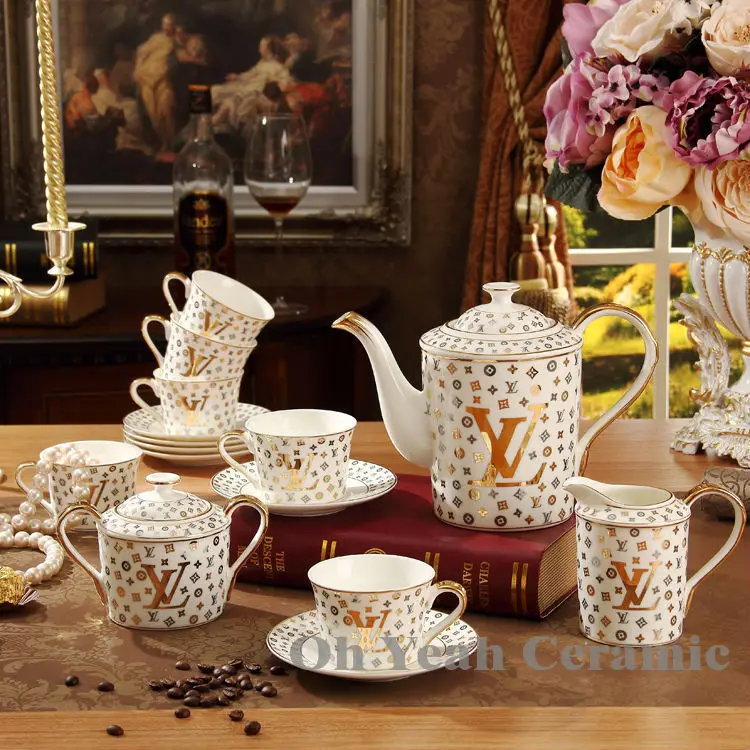 Porcelain Tea Set Bone China Coffee Letter Design 15 Pieces Porcelain Tea Set Bone China Coffee Letter Design 15 Pieces European Pot