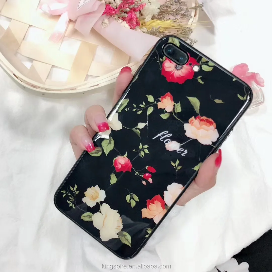 

Hot selling Flower Tempered Glass Custom design phone case for iphone 6, Black