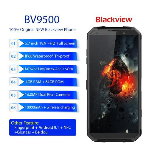 

Blackview BV9500 IP68 waterproof 5.718:9 FHD Smartphone 4G Android 8.1 4G+64GB 10000mAh wireless charging NFC mobile phone GPS