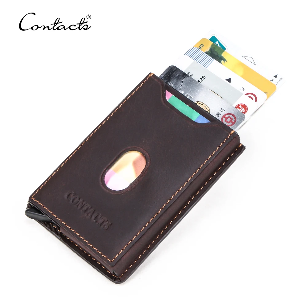 

contact's drop ship new design crazy horse cow leather rfid blocking minimalist aluminum automatic men leather card holder, Coffee or customized