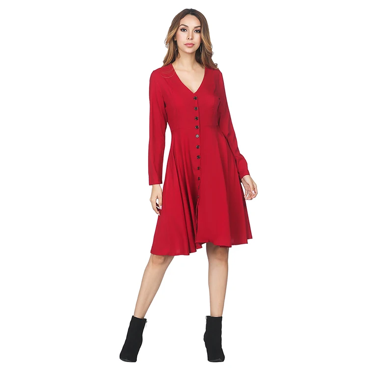 

Hot Sale Oem Winter V Neck Sexy Long Sleeve Fashion Party Dress