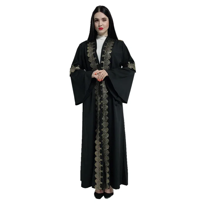 

2019 new design long sleeve islamic front open abaya black kimono for muslim women