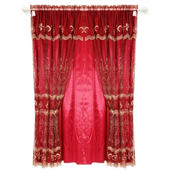 European Burgundy Luxury Embroidery Double Layer Window Curtains