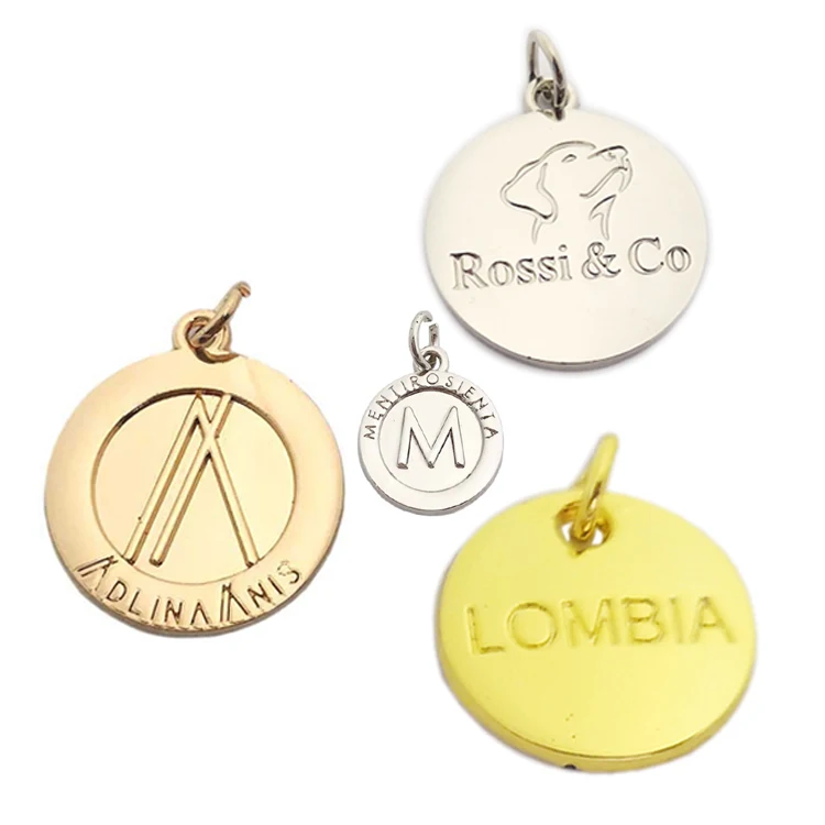 

Design made round shape gold silver logo custom metal charm pendant hang jewelry tags for Bracelet