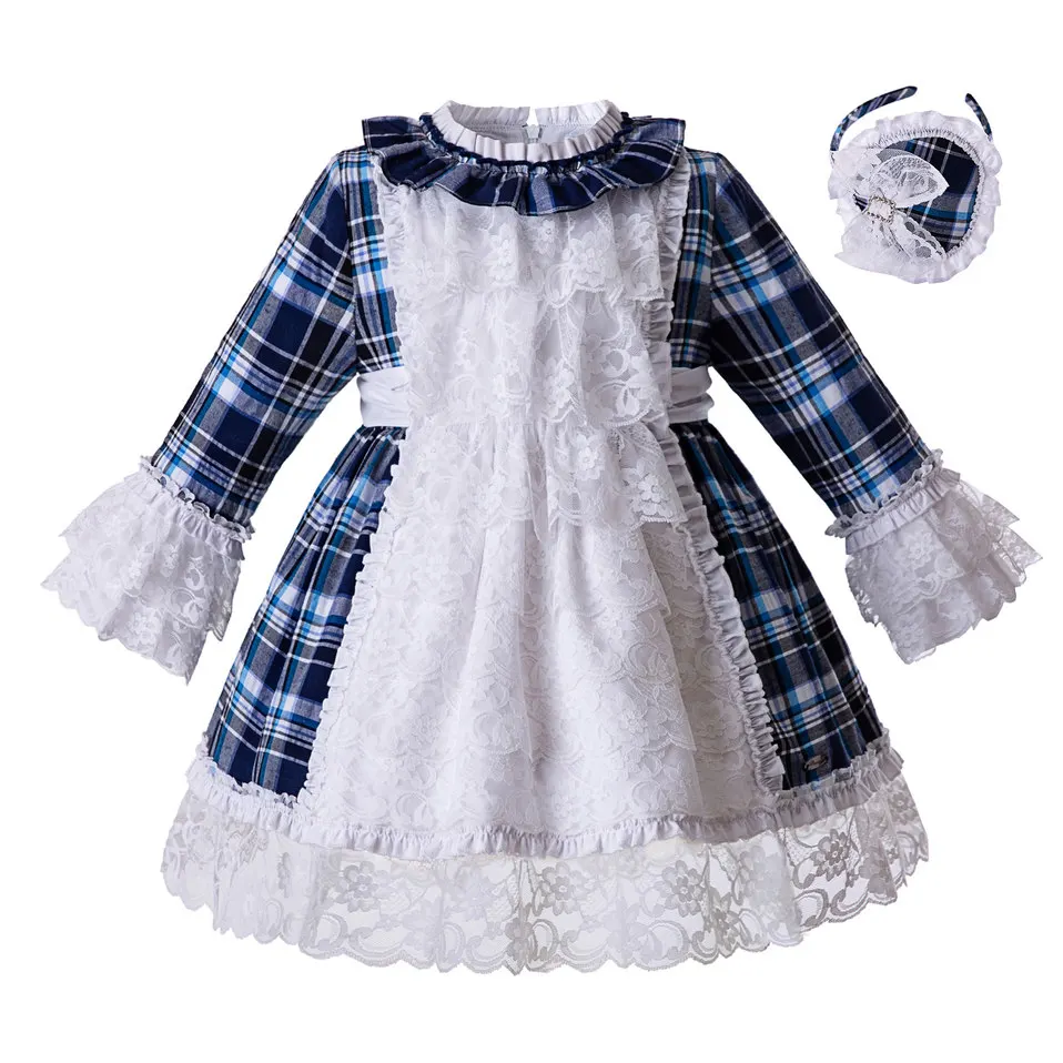 

Pettigirl Little Girls Party Dresses With Grid Long Sleeve Lace Flower Girl Dresses