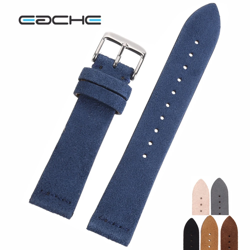 

EACHE Hot Selling Handmade Stitching Suede Leather Watch Straps Band Silver Buckle (18mm 20mm 22mm), As photo