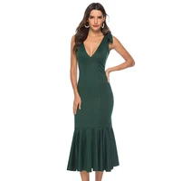 

Women Green Dress V Neck Elegant Evening Party Slim Ruffles Sexy Dinner Backless Classy Ladies Slim Tunics Elegant Spring Robes