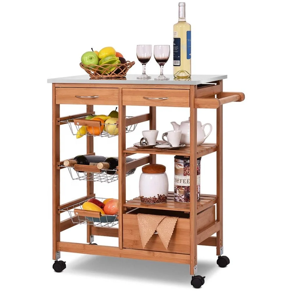 
Luxury stainless steel top bamboo kitchen cart with drawer basket towel rack 