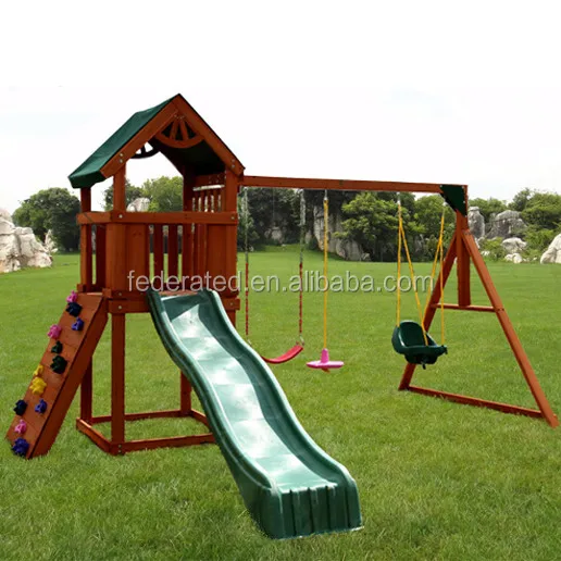 wooden slide and swing set outdoor playground equipment