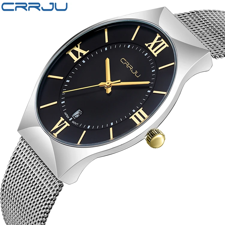 

Top Luxury CRRJU Men's Brand Watches Stainless Steel Band Display Quartz Men Wrist watch Ultra Thin Dial Clpck Fashion Watch