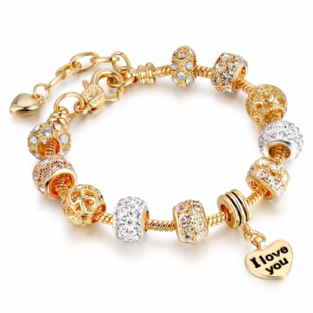 

Women Lady Gold Plated Snake Chain Rhinestone Crystal European Hollow Heart Charm Beads Bracelet I Love You Heart Charm Bracelet, Picture