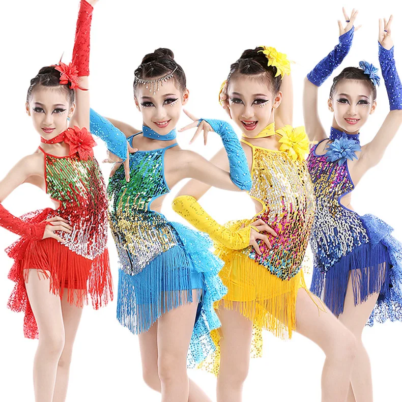 

Girls children adult examination competition dance performance clothing Sequin Tassels Latin Dance Dress