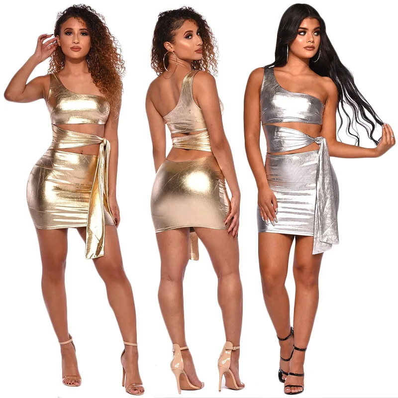 

FM-K9308 2019 Classic hot sell women club dress laser reflective fashion sleeveless strapless suit skirt, Golden,silver