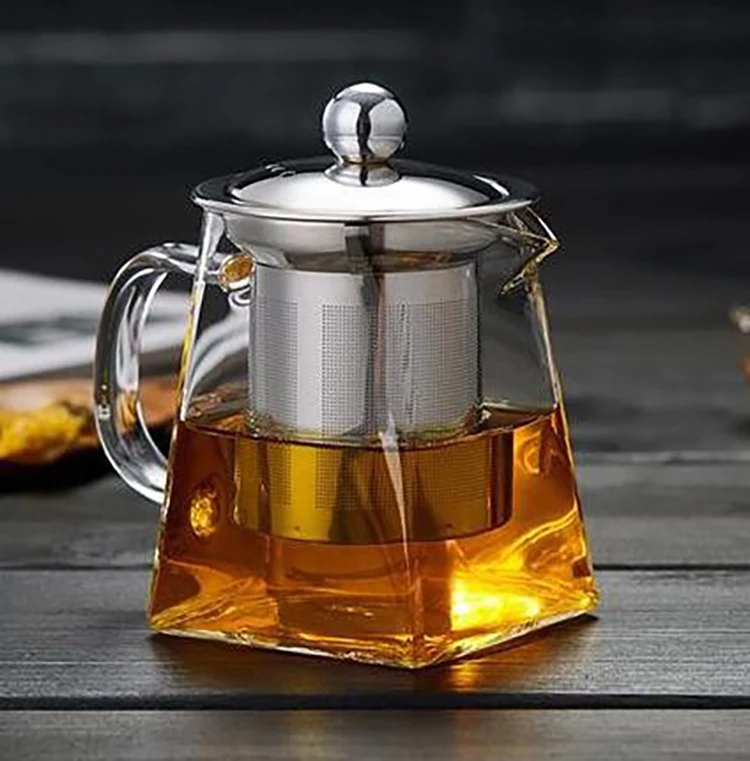 

OEM service Pyrex glass square teapot with stainless steel infuser and lid, Transparent