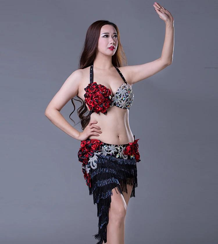 

QC2791 Wuchieal Professional Women Belly Dance Costumes for Drum Solo, Black;white;blue and fuchsia