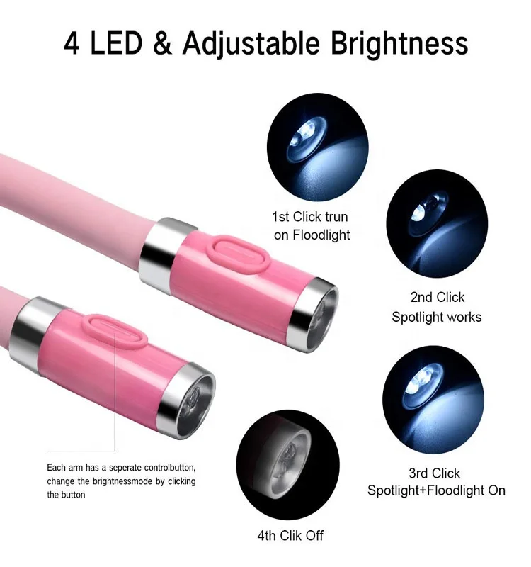 
Hand Free Best for Bed Reading or read in car Flexible Arm 4 Super Brightness 4-Level light Control Rechargeable LED book Light 