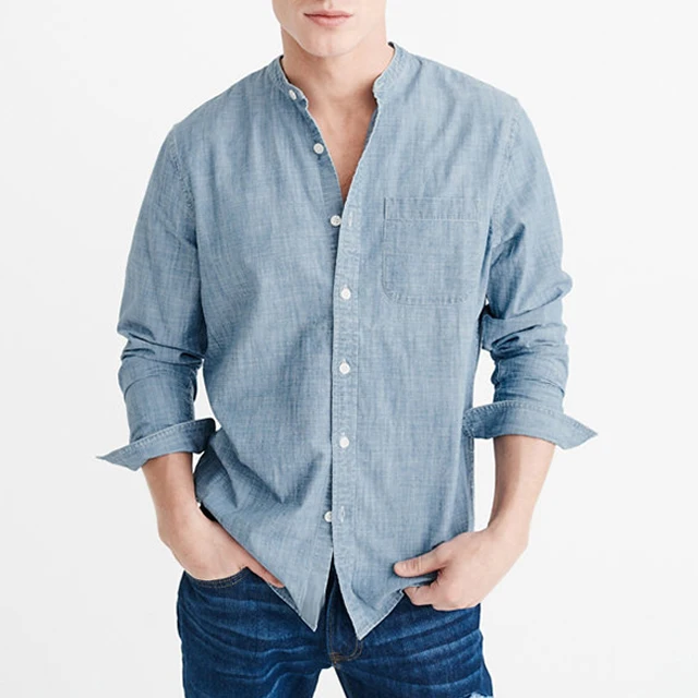 collarless shirt,blue denim shirt,mens 