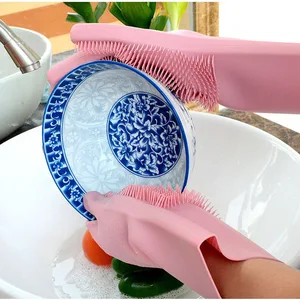 Image of Hot Sale Heat Resistant Magic Kitchen Silicone Rubber Hand Gloves for Dish Washing with Scrubber