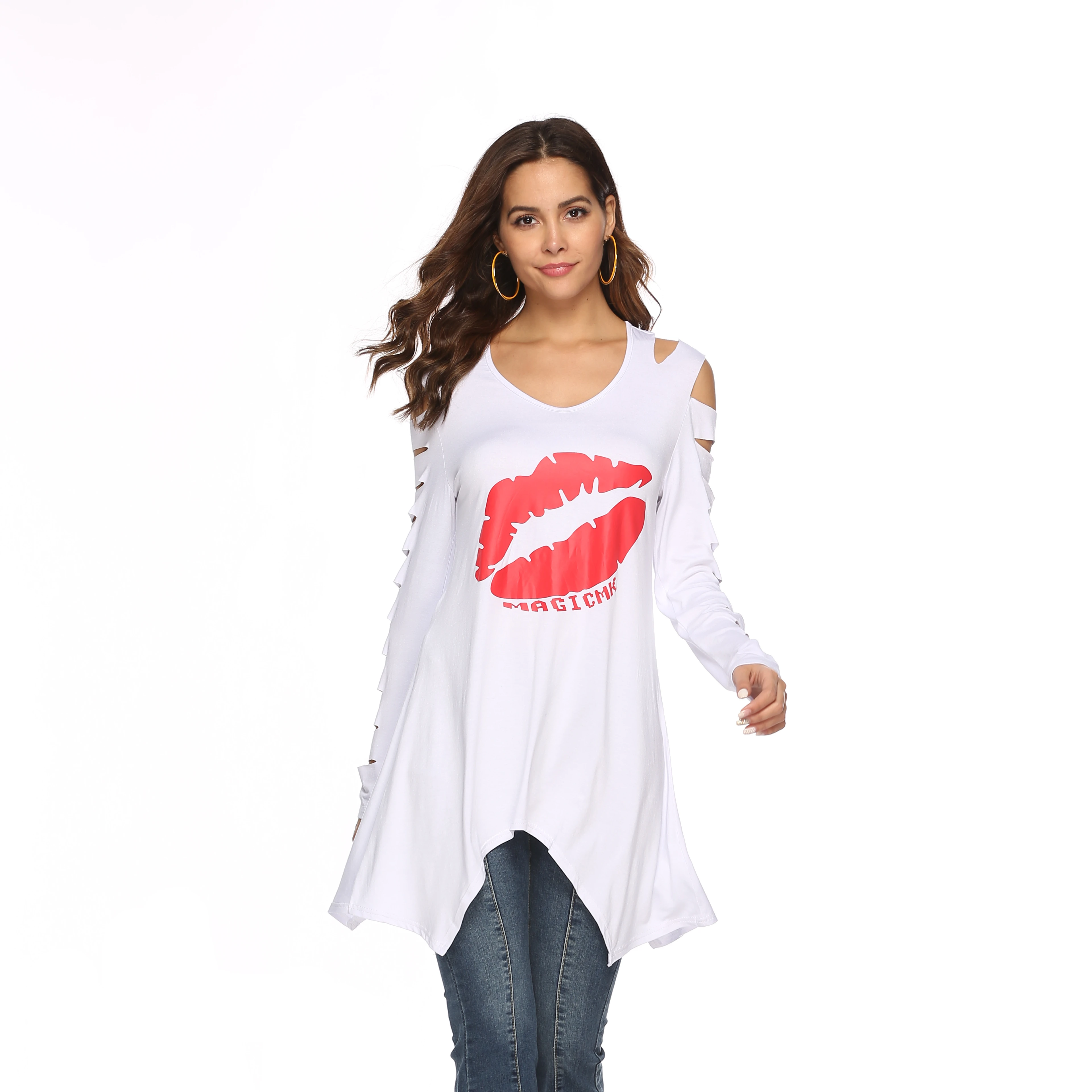 

Women's Tops Long Sleeve Round Neck A-line Lips Print Tunic Blouse Plus Size, N/a