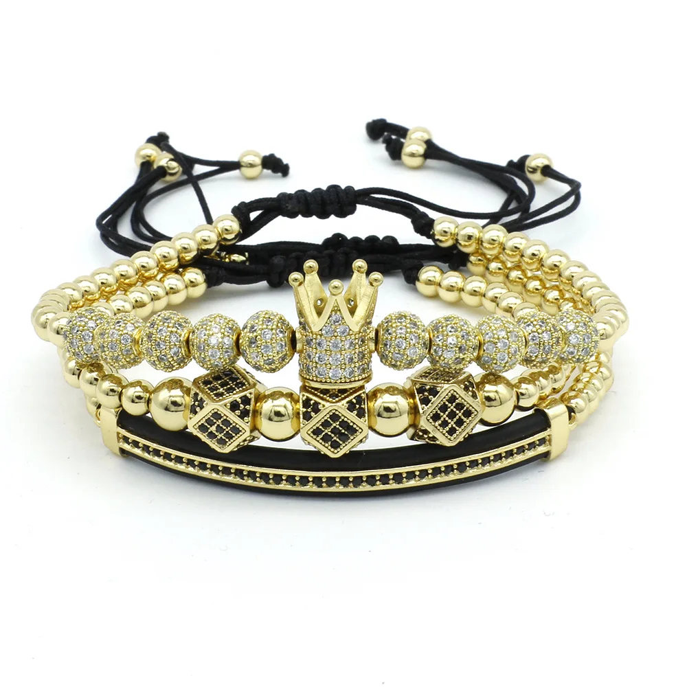 

Micro-inlaid zircon drill ball high crown copper bead woven six-sided diamond zircon crescent bracelet set(EJ0679)