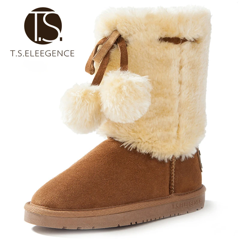 

size 28-36 Children's snow Boots Winter For Girls Australian Warm tall big Kids Boots lace up antislip cow Leather, Camel/rose red