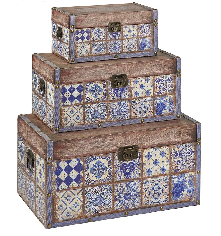 Home Goods Decorative Leather Wooden Vintage Antique Storage Chest