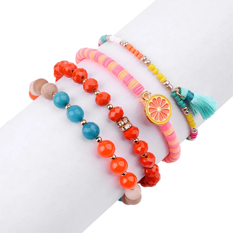 

BOJIU Cute Tassel Fruit Charm Bracelets Jewelry Women Orange Crystal Rubber Quartz Stone Tiny Acrylic Bead Bracelet Set, Picture shows