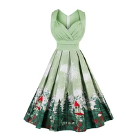 

Green Women Vintage Print Christmas Dress Girls Party Dress