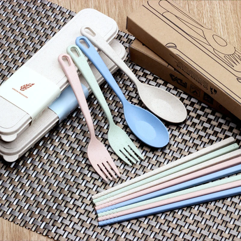 

Eco Friendly Reusable Wheat Straw Plastic Chopsticks Spoon Fork Flatware Cutlery Set, Beige, blue, green, pink