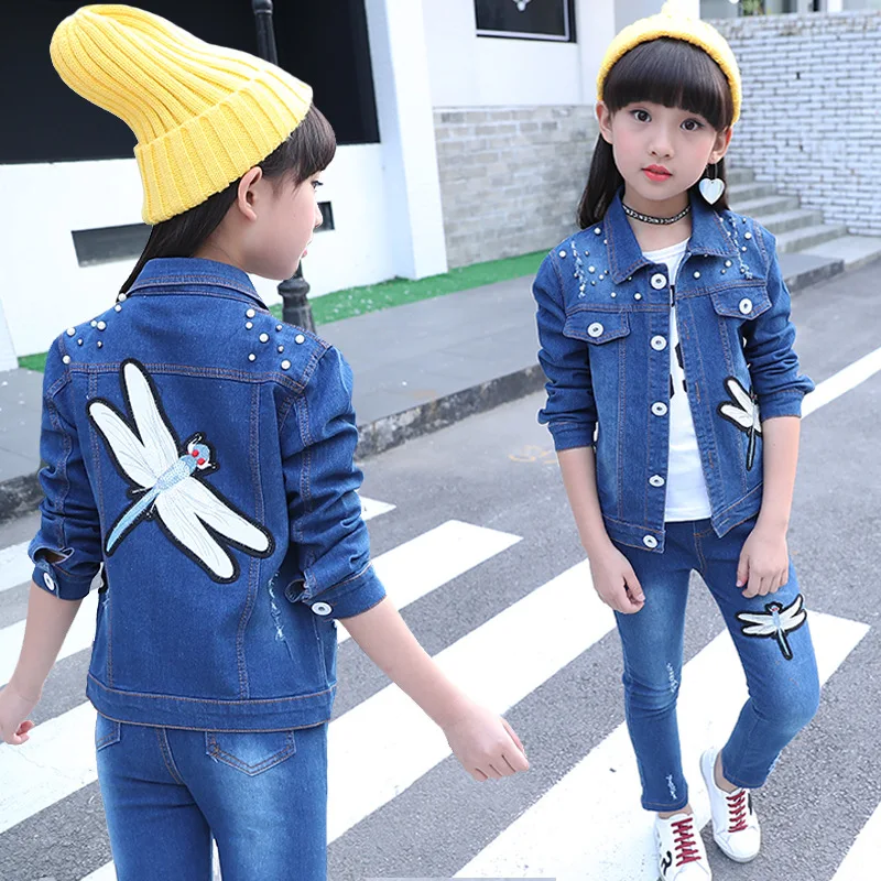 

3 Pieces Boutique Girls Outfits Set Kids Clothes Clothing Long Sleeves Girl Sequins Dragonfly Denim Jacket Jeans Outfits