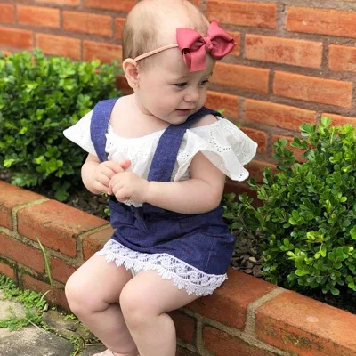

2019 Brand Summer Kid Baby Girl Ruffled Collar T Shirt Suspender Solid Lace Denim Daily Skirt 2PC Sets Outfits Baby Clothes, As picture