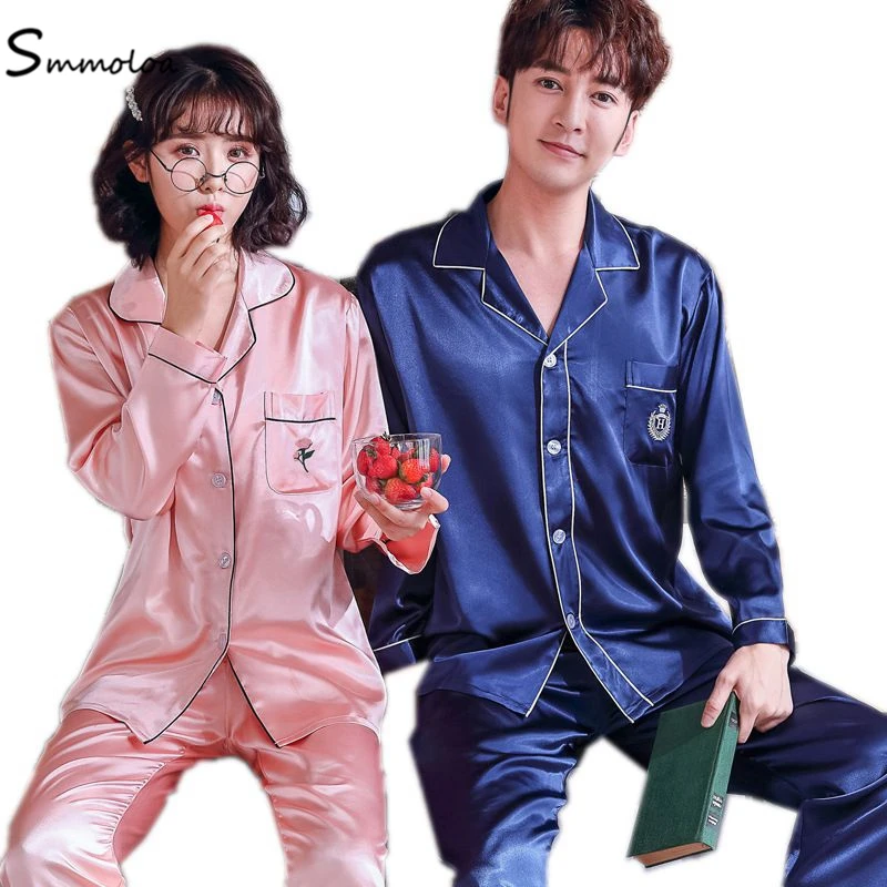 

Smmoloa Couple Silk Pajamas Couple Sleepwear Floral Embroidery Silk Pyjama, Blue;red;pink