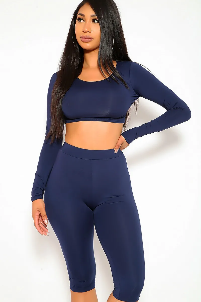 W3001a Spandex Long Sleeve Crop Top Fitness Set 2019 Two Piece
