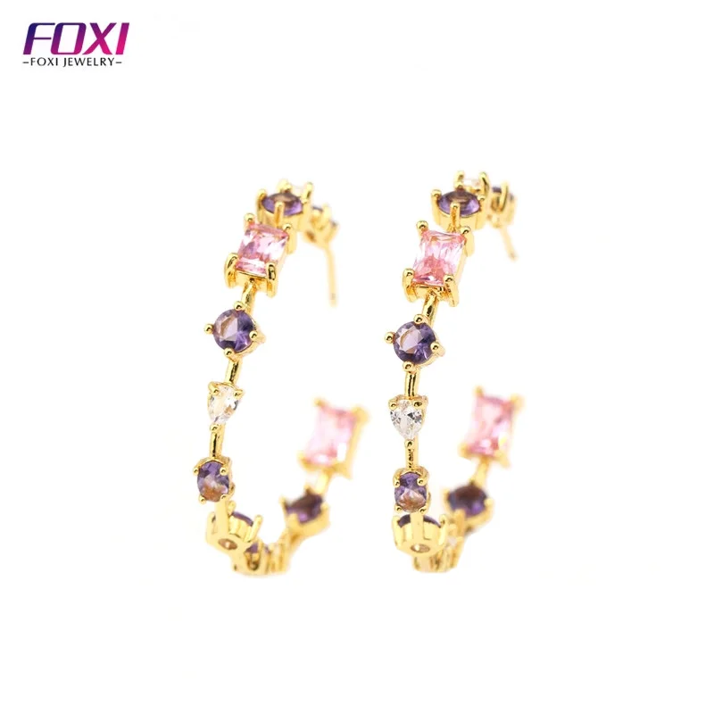 

Wuzhou Foxi Jewelry Wholesale Big Crystal Glass Stones Multicolored 18k Gold Plated Brass Hoop Pin Earrings