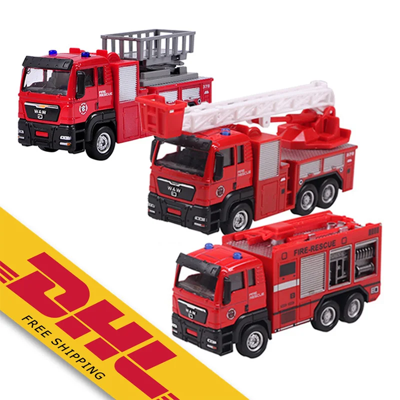 

Diecast Toy Vehicles Fire Engine Transport Truck 1:55 Pull Back Fire Water Cannon Ladder Truck Rescue Cars Toy Gift for Kids